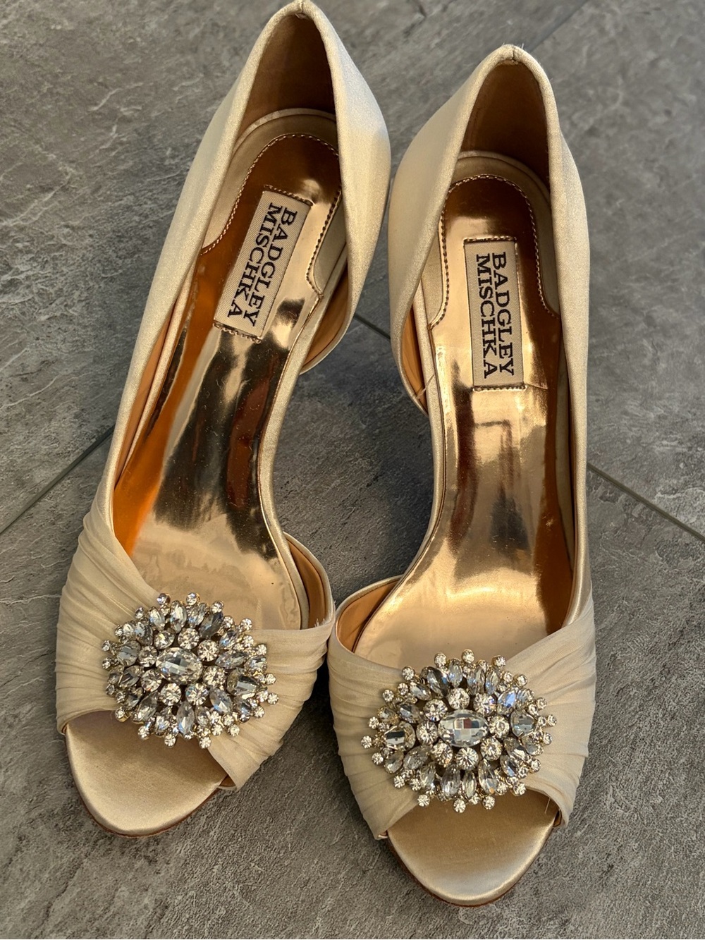 Badgley Mischka Ivory Satin Peep-Toe Heels with Crystal Brooch